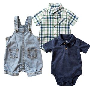 Plaid Shirt and Denim Overalls with Navy Onesiep